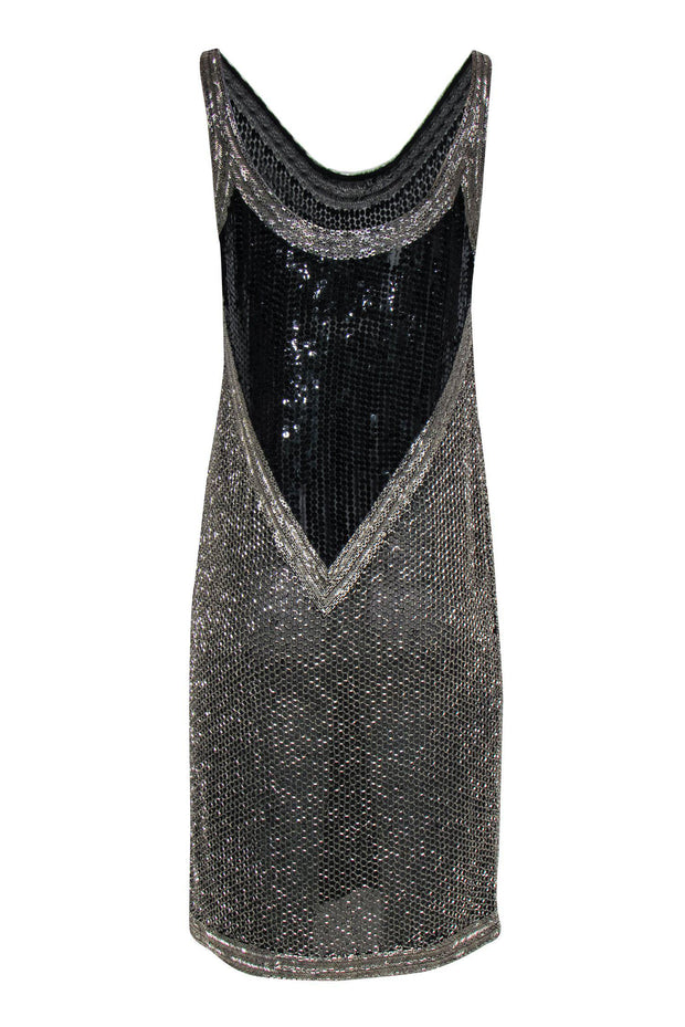 Current Boutique-Halston - Vintage Silver & Black Beaded & Sequin Silk Midi Dress Sz 10