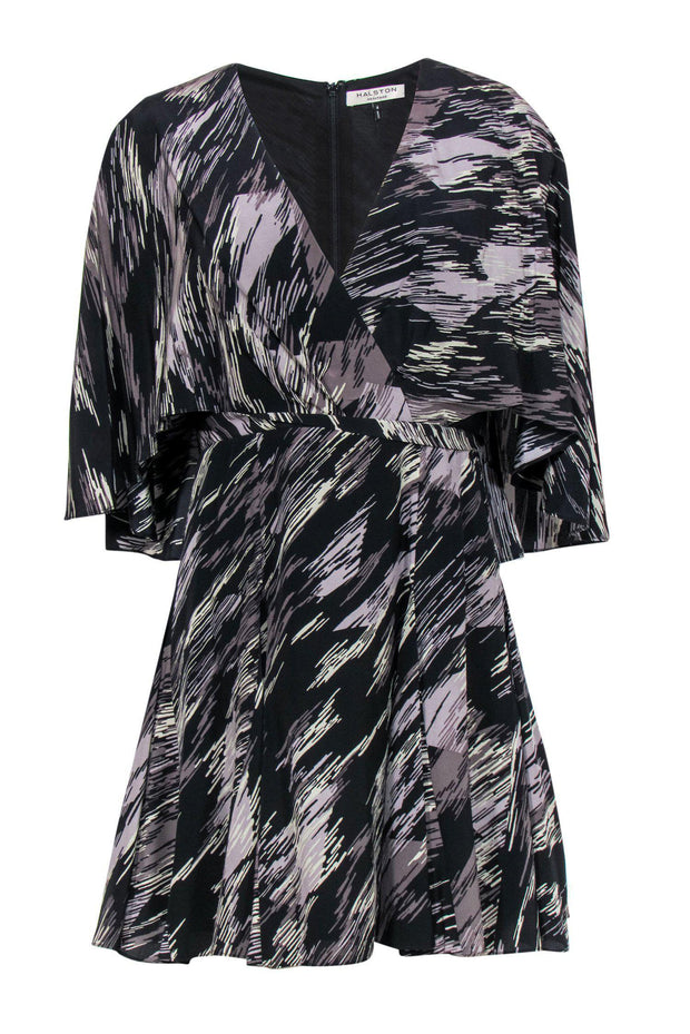 Current Boutique-Halston Heritage - Black & Gray Swirled Printed Flutter Sleeve Dress Sz 6