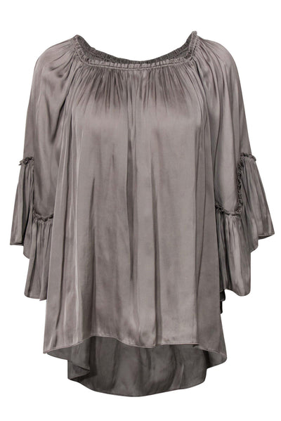 Current Boutique-Halston Heritage - Light Grey Wide Sleeve Ruffle Off-the-Shoulder Tunic Sz XS