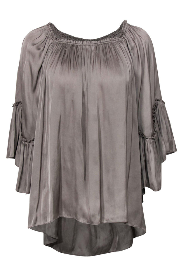 Current Boutique-Halston Heritage - Light Grey Wide Sleeve Ruffle Off-the-Shoulder Tunic Sz XS