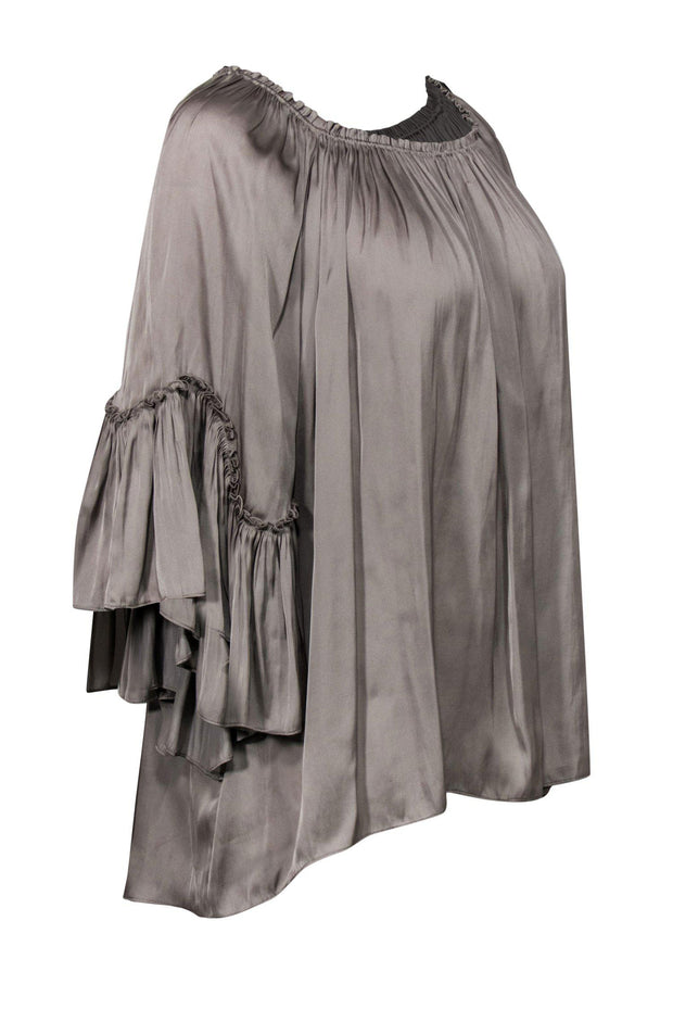 Current Boutique-Halston Heritage - Light Grey Wide Sleeve Ruffle Off-the-Shoulder Tunic Sz XS
