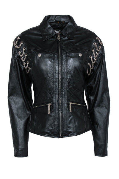 Current Boutique-Harley Davidson - Vintage Black Leather Moto Jacket w/ Silver Chains Sz S