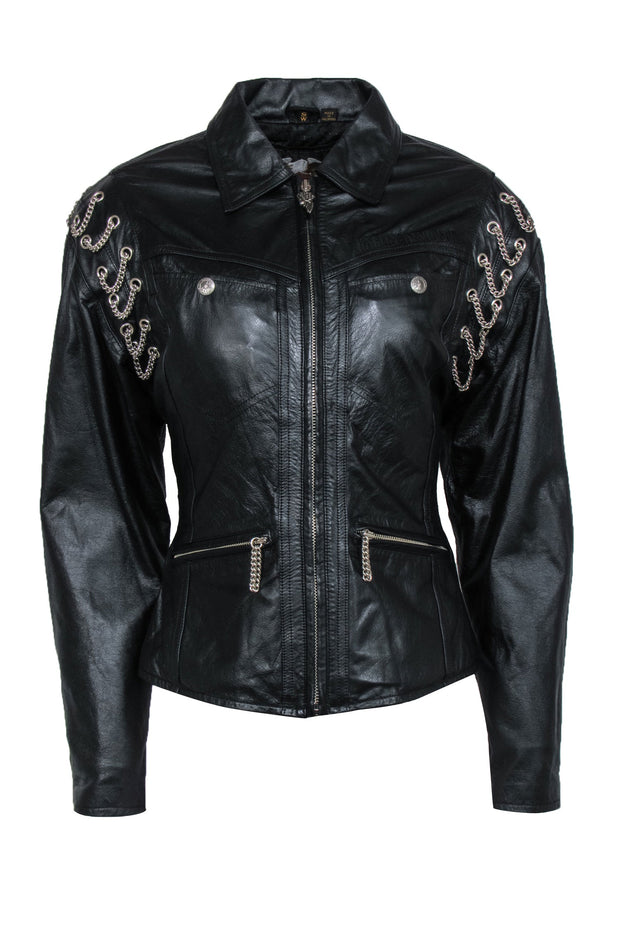 Current Boutique-Harley Davidson - Vintage Black Leather Moto Jacket w/ Silver Chains Sz S