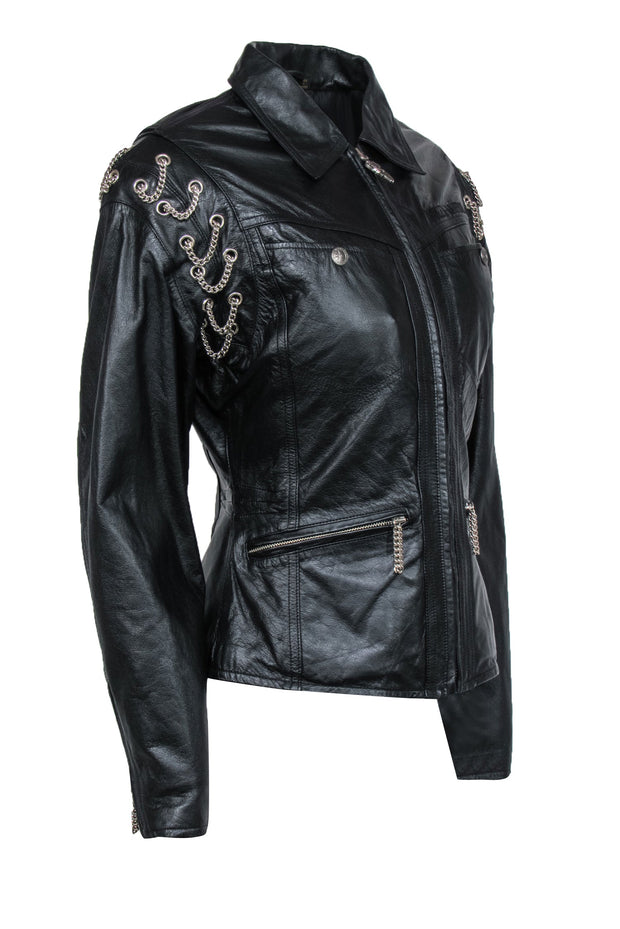 Current Boutique-Harley Davidson - Vintage Black Leather Moto Jacket w/ Silver Chains Sz S