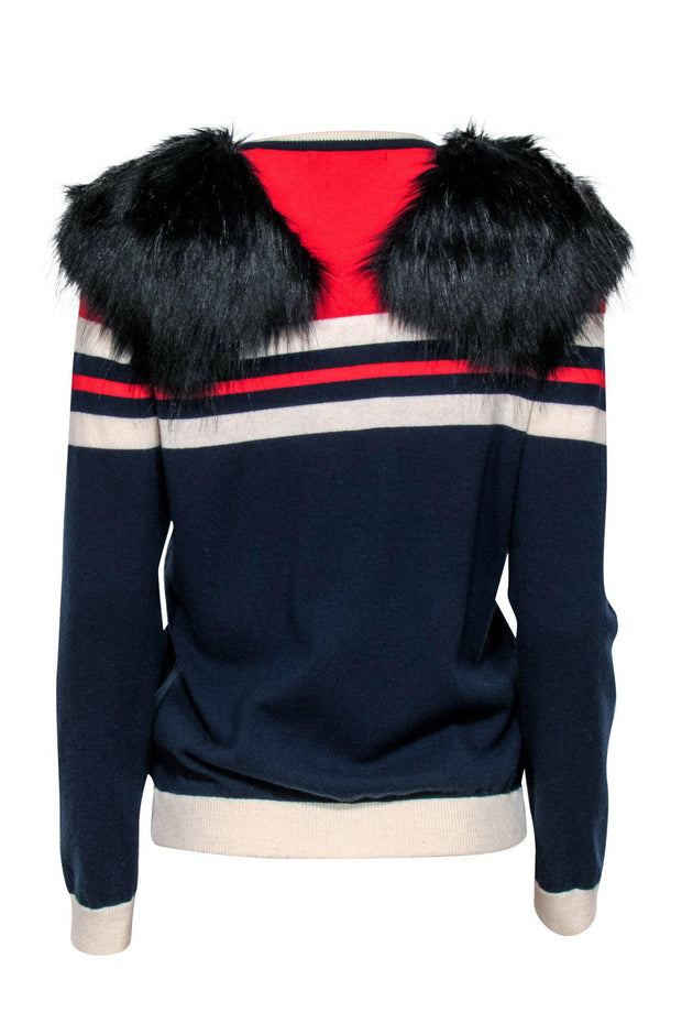 Current Boutique-Harvey Faircloth - Red, White & Blue Striped Sweater w/ Faux Fur Shoulder Detail Sz S
