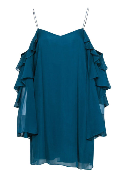 Current Boutique-Haute Hippie - Teal Silk Shift Dress w/ Ruffle Sleeves Sz S