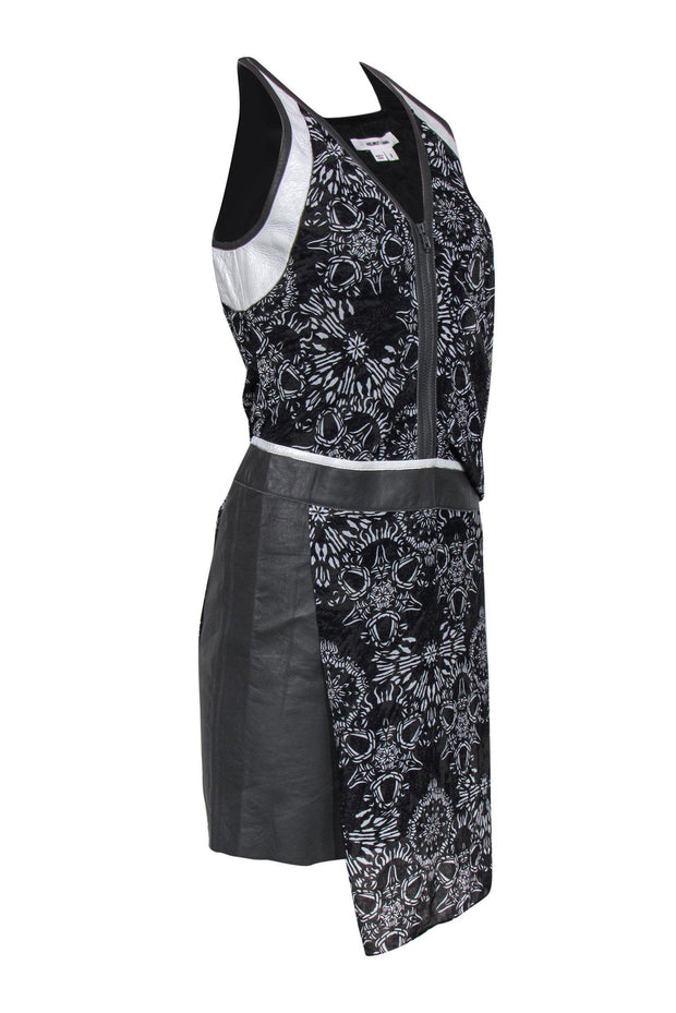 Current Boutique-Helmut Lang - Black & White Patterned Sheath Dress w/ Leather Sz 2