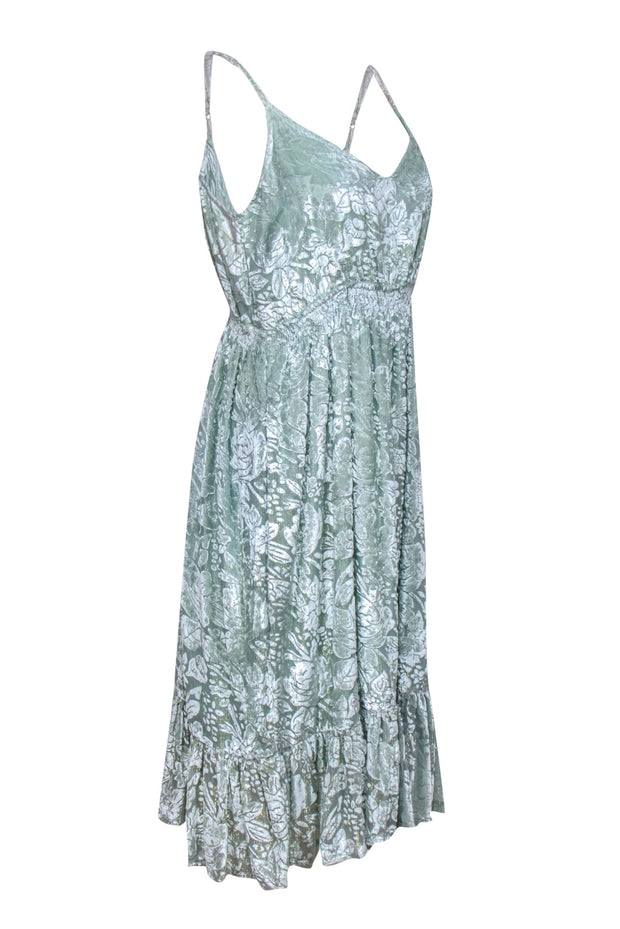 Current Boutique-Hemant & Nandita - Mint & Gold Floral Velvet Burnout Midi Dress Sz S