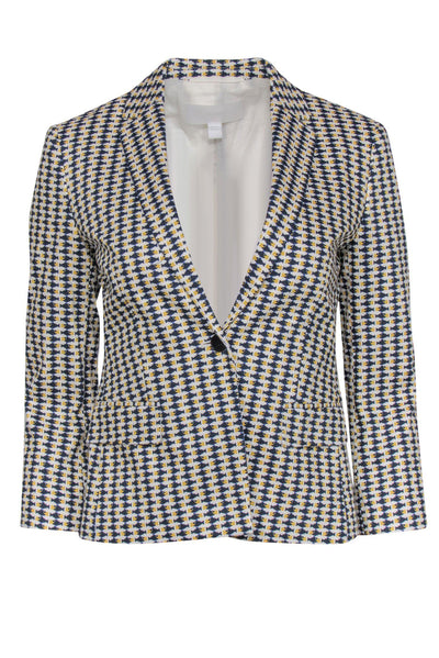 Current Boutique-BOSS Hugo Boss - White, Navy & Yellow Fish Print Buttoned Blazer Sz 2