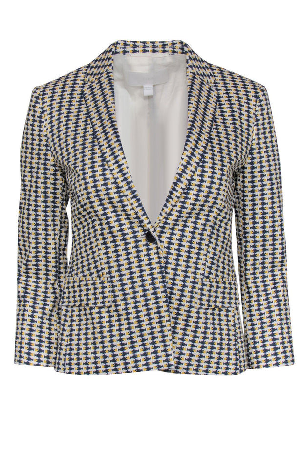 Current Boutique-BOSS Hugo Boss - White, Navy & Yellow Fish Print Buttoned Blazer Sz 2