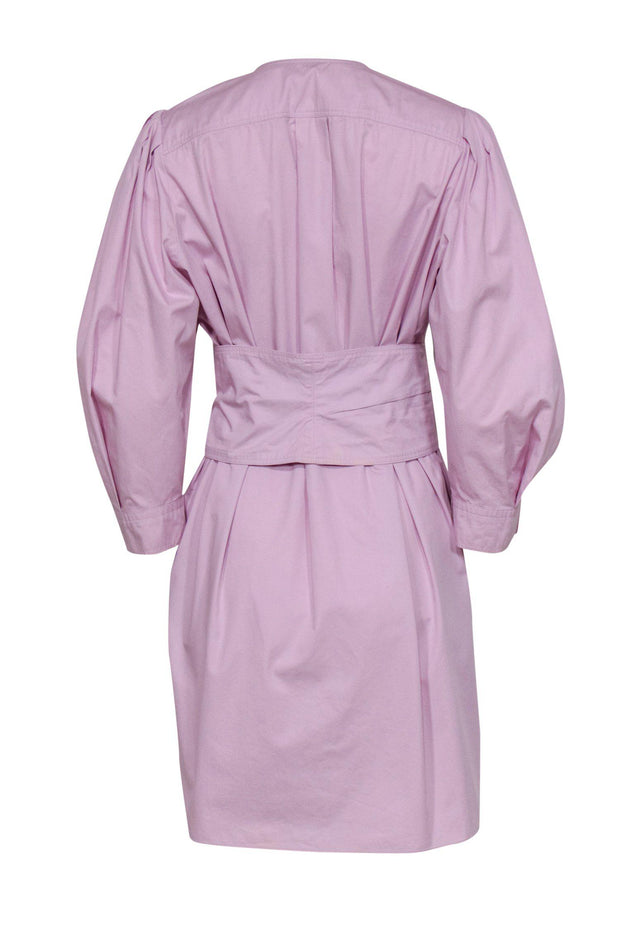 Current Boutique-Isabel Marant - Pink Puff Sleeve Half Button-Up Belted Shirt Dress Sz M
