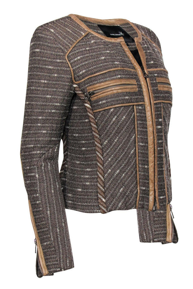 Current Boutique-Isabel Marant - Brown Woven Wool Zip-Up Jacket w/ Leather Trim Sz 2