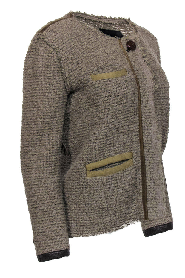 Current Boutique-Isabel Marant - Tan Fuzzy Woven Snap Button Jacket w/ Leather Button Sz 2