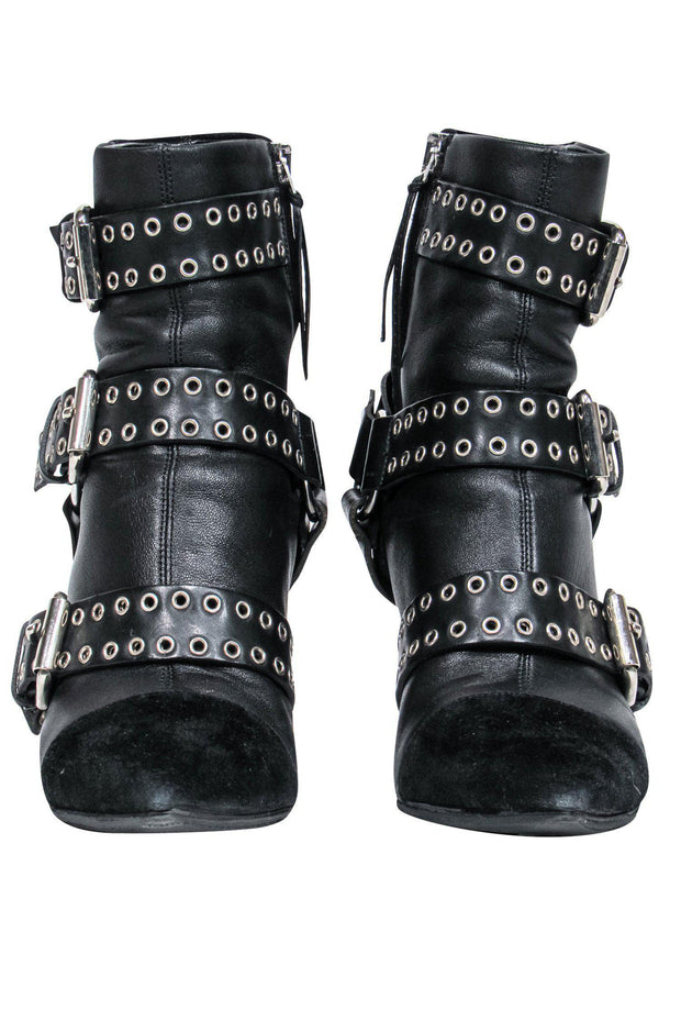 Current Boutique-Isabel Marant - Black Leather Heeled Buckled Booties w/ Suede Trim Sz 5.5