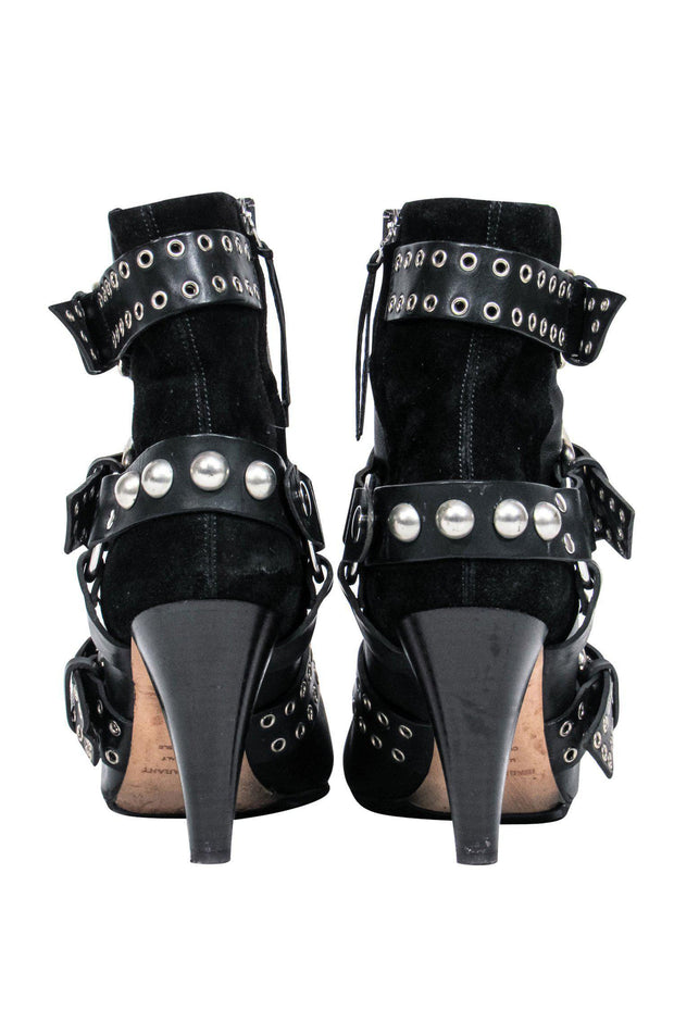 Current Boutique-Isabel Marant - Black Leather Heeled Buckled Booties w/ Suede Trim Sz 5.5