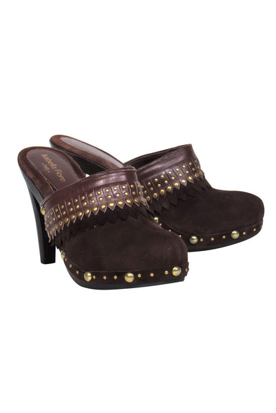 Current Boutique-Isabella Fiore - Brown Suede Gold Studded Clog Pumps Sz 6