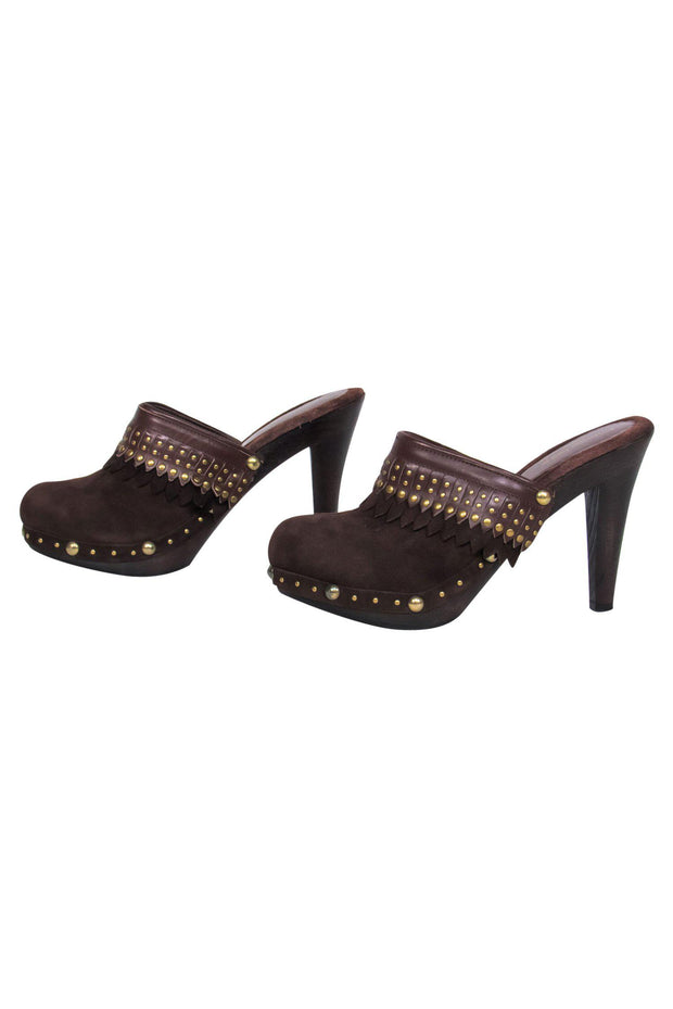 Current Boutique-Isabella Fiore - Brown Suede Gold Studded Clog Pumps Sz 6