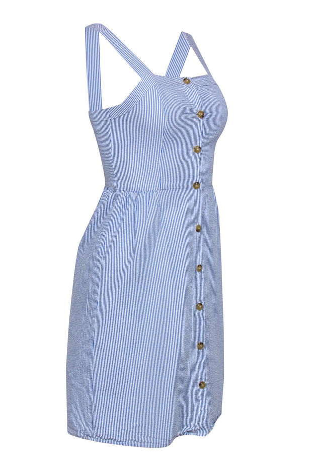 Current Boutique-J.Crew - Blue & White Striped Seersucker Sleeveless Sheath Dress Sz 00