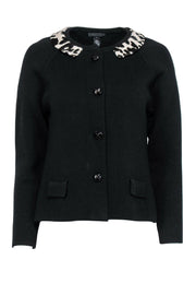 Current Boutique-J.Crew Collection - Black Button-Up Wool Jacket w/ Leopard Print Calf Hair Collar Sz M