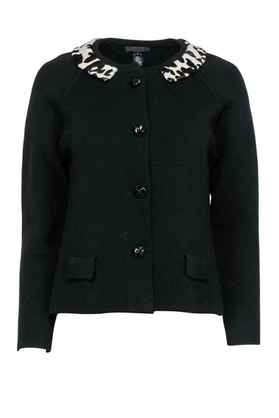 Current Boutique-J.Crew Collection - Black Button-Up Wool Jacket w/ Leopard Print Calf Hair Collar Sz M