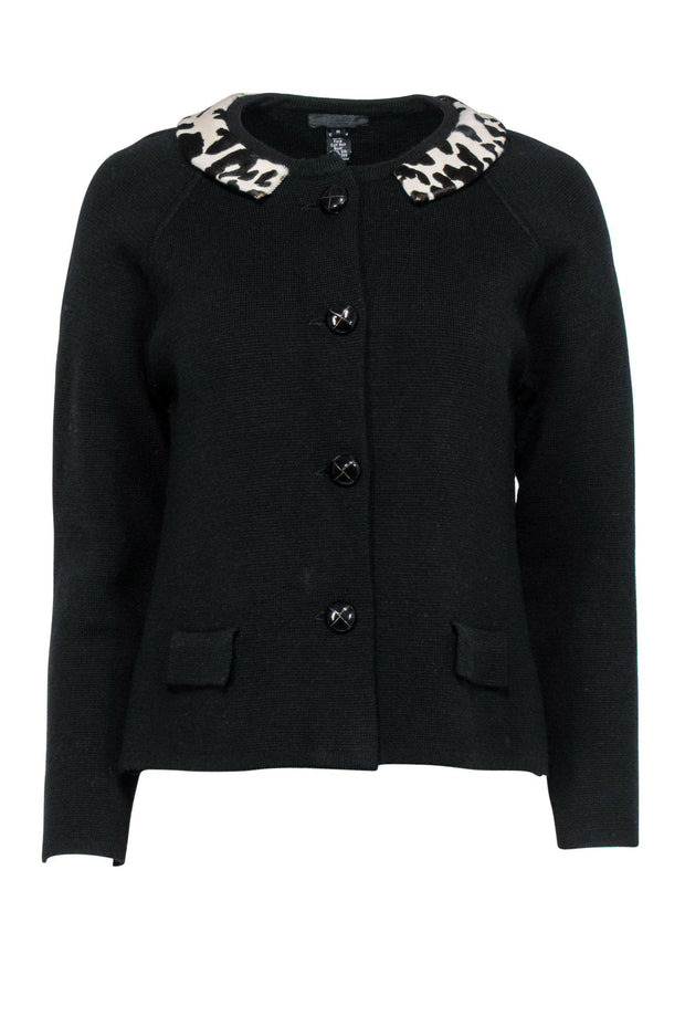 Current Boutique-J.Crew Collection - Black Button-Up Wool Jacket w/ Leopard Print Calf Hair Collar Sz M