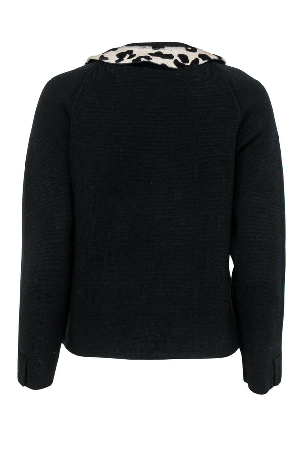 Current Boutique-J.Crew Collection - Black Button-Up Wool Jacket w/ Leopard Print Calf Hair Collar Sz M