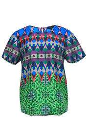 Current Boutique-J.Crew - Multicolor Multi-Print Short Sleeve Silk Blouse Sz 4