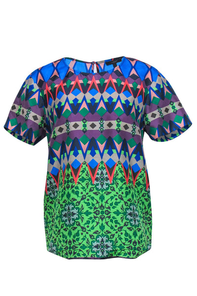 Current Boutique-J.Crew - Multicolor Multi-Print Short Sleeve Silk Blouse Sz 4