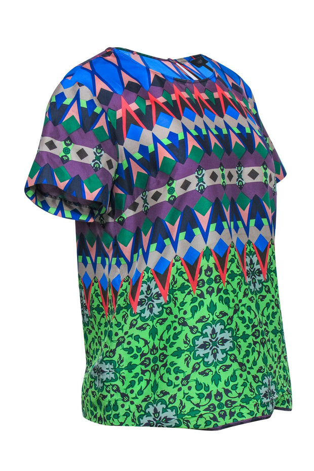 Current Boutique-J.Crew - Multicolor Multi-Print Short Sleeve Silk Blouse Sz 4