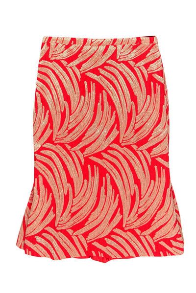 Current Boutique-J.Crew - Red & Gold Metallic Printed Midi Skirt Sz 4