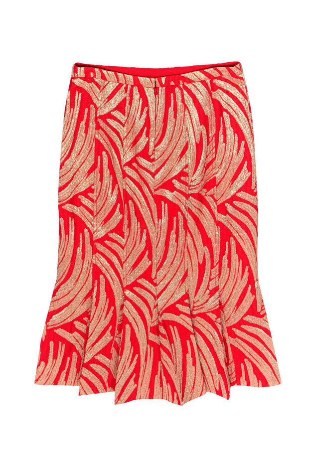 Current Boutique-J.Crew - Red & Gold Metallic Printed Midi Skirt Sz 4