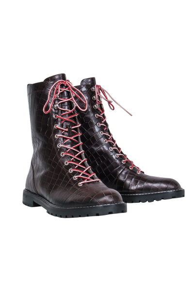 Current Boutique-J.Crew - Brown Croc Embossed Lace Up Boots Sz 12