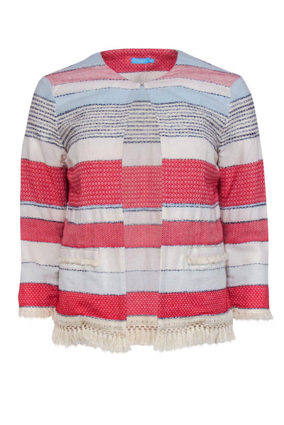 Current Boutique-J. McLaughlin - Red, White & Blue Embroidered Striped Cropped "Davis" Jacket w/ Tassels Sz XS
