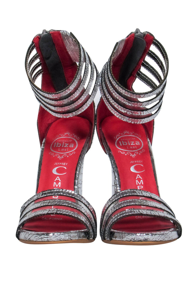Current Boutique-Jeffrey Campbell - Silver Crackled Leather Strappy Heels Sz 5.5
