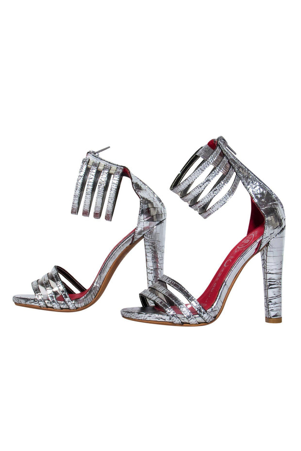 Current Boutique-Jeffrey Campbell - Silver Crackled Leather Strappy Heels Sz 5.5