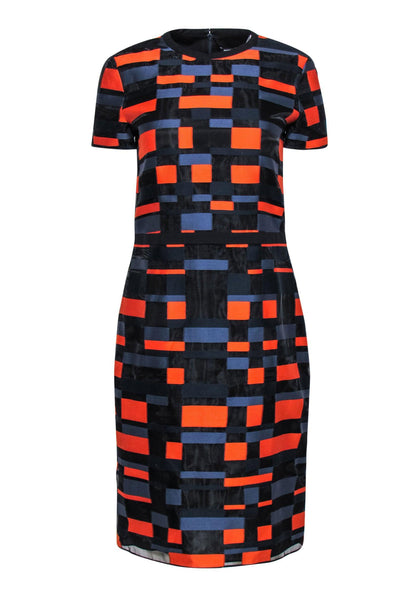Current Boutique-Jil Sander - Black, Navy & Orange Square Print Sheath Dress Sz 8