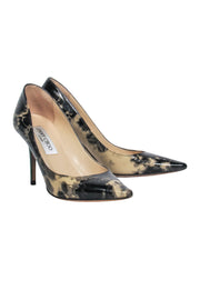 Current Boutique-Jimmy Choo - Black & Beige Marbled Patent Leather Pointed Toe Pumps w/ Green Heels Sz 6