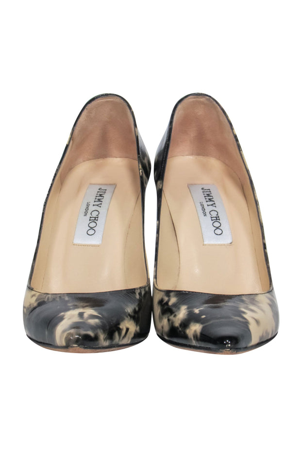 Current Boutique-Jimmy Choo - Black & Beige Marbled Patent Leather Pointed Toe Pumps w/ Green Heels Sz 6