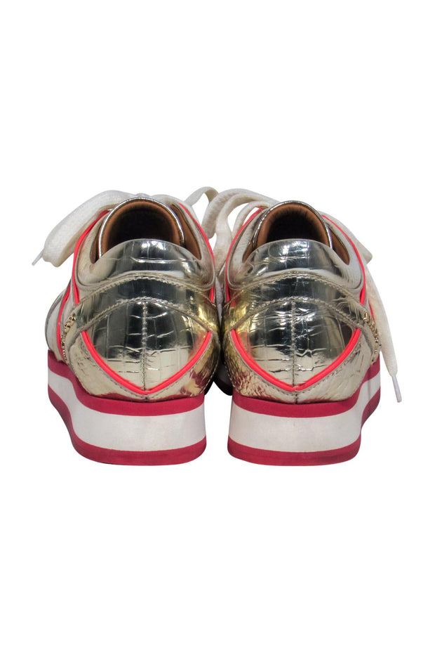 Current Boutique-Jimmy Choo - Gold Reptile Embossed Lace-Up Platform Sneakers w/ Pink Trim Sz 5.5