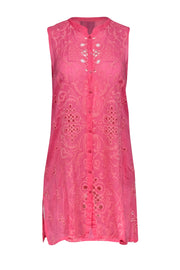 Current Boutique-Johnny Was - Bubble Gum Pink Embroidered Button-Front Tunic Dress Sz S