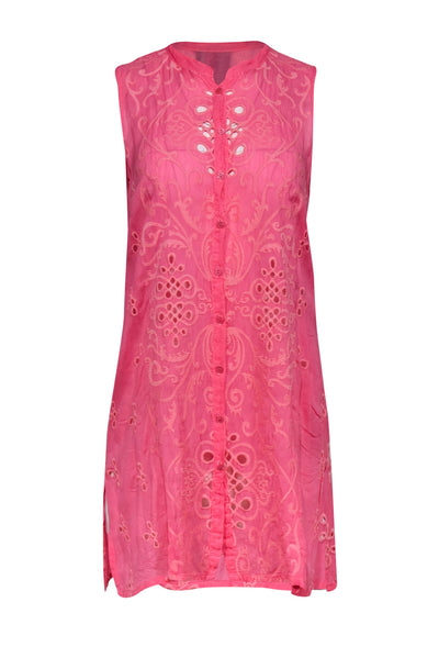 Current Boutique-Johnny Was - Bubble Gum Pink Embroidered Button-Front Tunic Dress Sz S