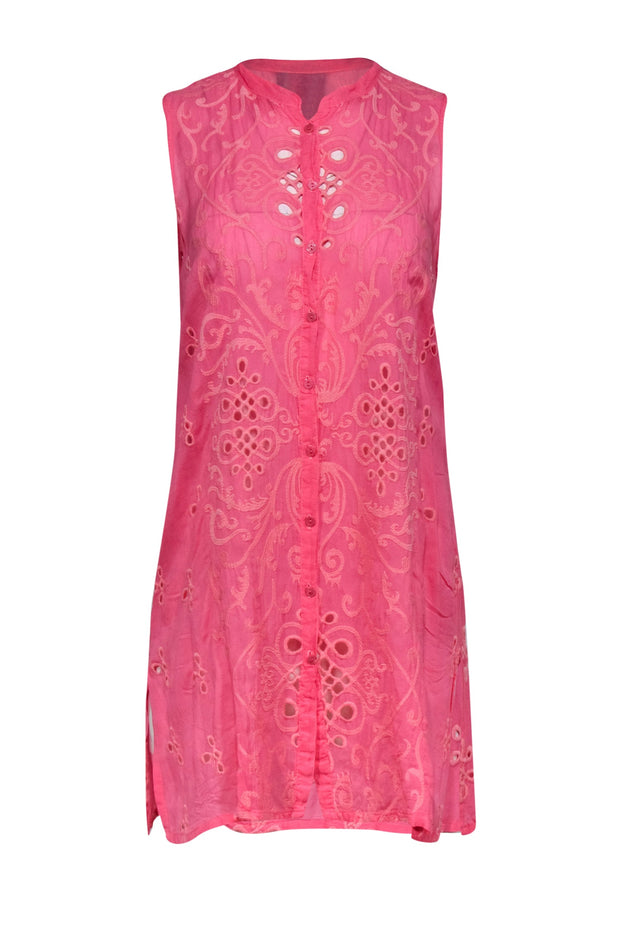Current Boutique-Johnny Was - Bubble Gum Pink Embroidered Button-Front Tunic Dress Sz S