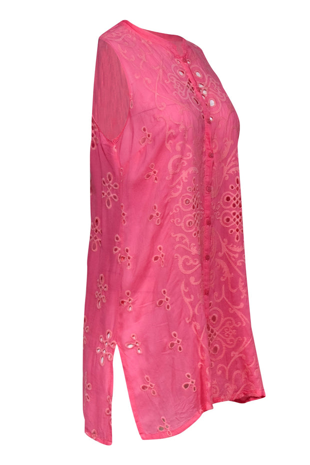 Current Boutique-Johnny Was - Bubble Gum Pink Embroidered Button-Front Tunic Dress Sz S