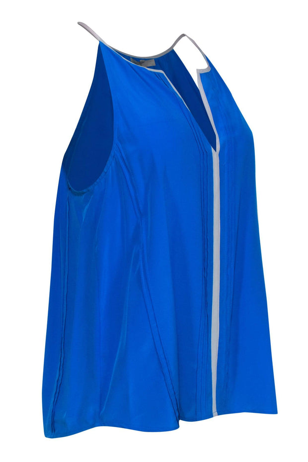 Current Boutique-Joie - Blue Pleated Silk Racerback "Odilion" Tank w/ White Trim Sz M