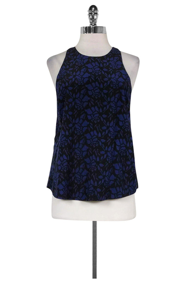 Current Boutique-Joie - Black & Navy Floral Print Silk Top Sz XS