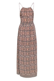 Current Boutique-Joie - Beige, Pink & Black Bohemian Print Silk Maxi Dress w/ Lace-Up Back Sz 2