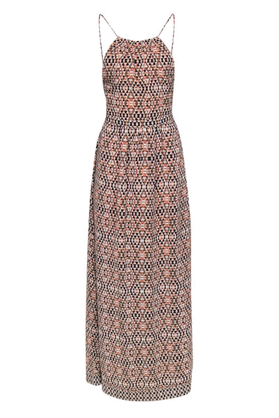 Current Boutique-Joie - Beige, Pink & Black Bohemian Print Silk Maxi Dress w/ Lace-Up Back Sz 2
