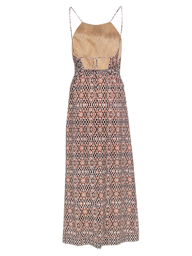 Current Boutique-Joie - Beige, Pink & Black Bohemian Print Silk Maxi Dress w/ Lace-Up Back Sz 2