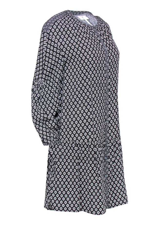 Current Boutique-Joie - Black & White Floral Print Long Sleeve Button-Up Drop Waist Dress Sz S