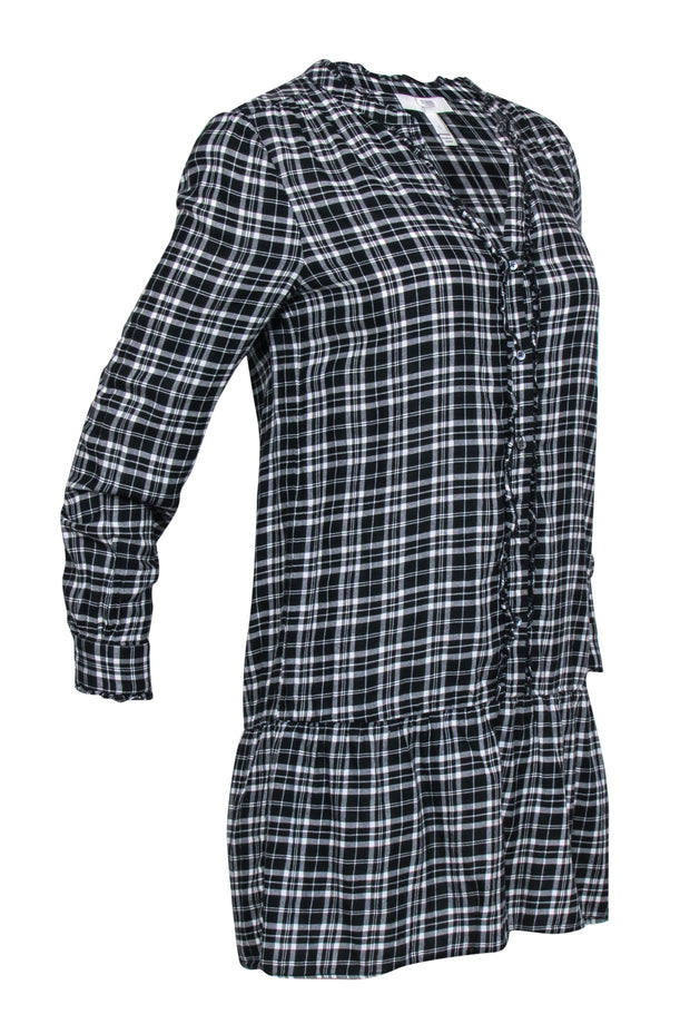 Current Boutique-Joie - Black & White Plaid Long Sleeve Mini Dress Sz S